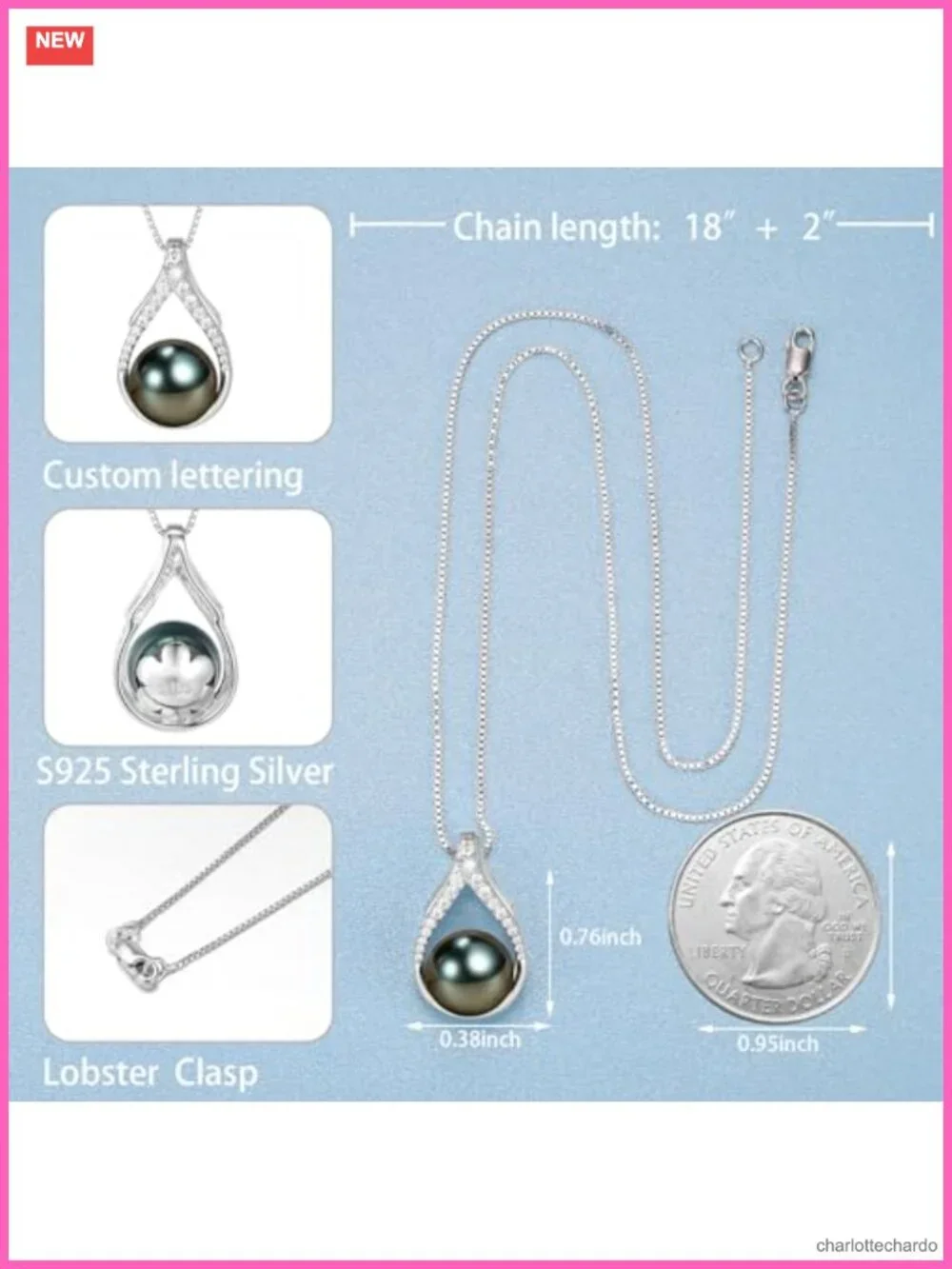 Tahitian Pearl Necklace 18k Gold Plated Sterling Silver, Round Pearl Pendant